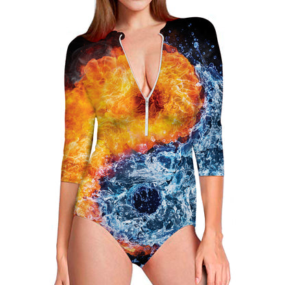 Fire And Water Yin Yang Print Long Sleeve Swimsuit