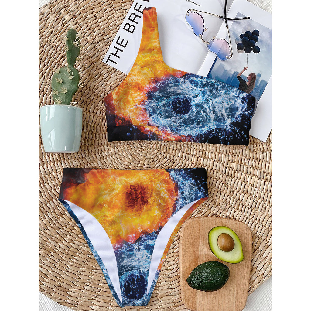 Fire And Water Yin Yang Print One Shoulder Bikini Top