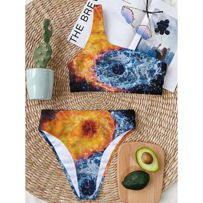 Fire And Water Yin Yang Print One Shoulder Bikini Top