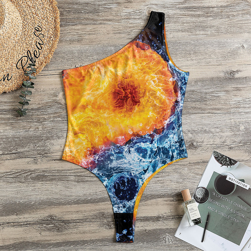 Fire And Water Yin Yang Print One Shoulder Bodysuit