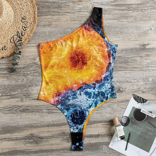 Fire And Water Yin Yang Print One Shoulder Bodysuit