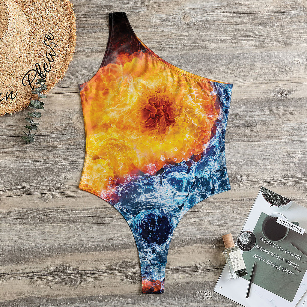 Fire And Water Yin Yang Print One Shoulder Bodysuit