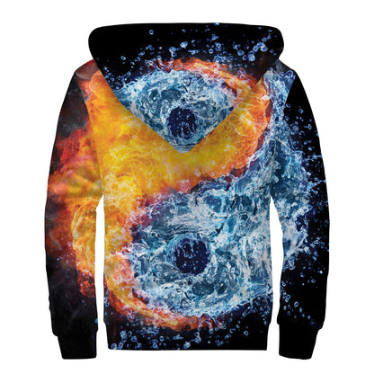 Fire And Water Yin Yang Print Sherpa Lined Zip Up Hoodie