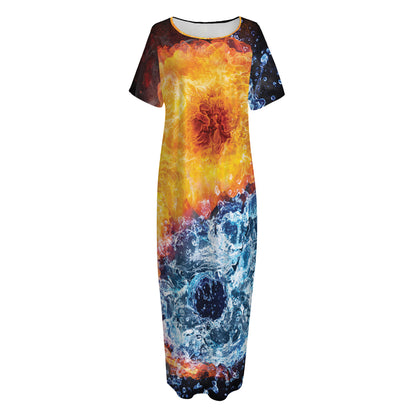 Fire And Water Yin Yang Print Short Sleeve Long Nightdress
