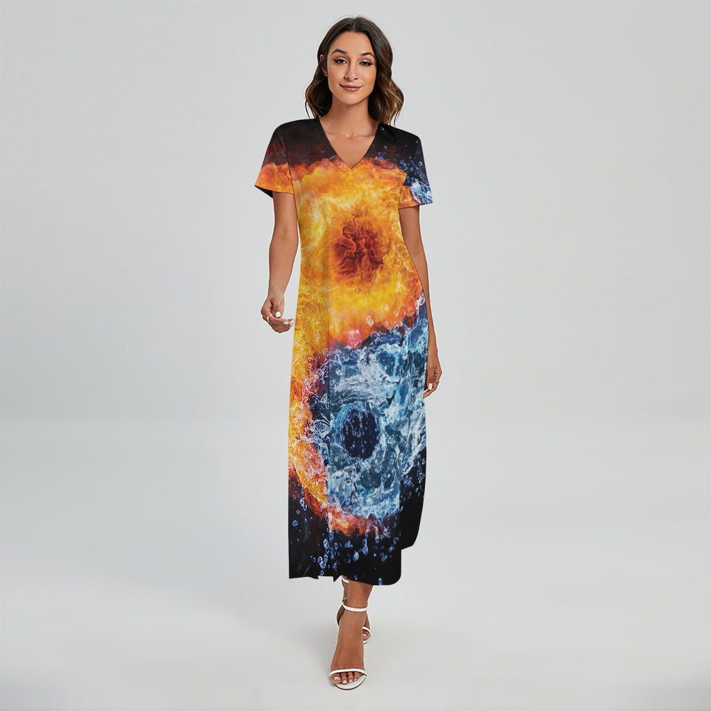 Fire And Water Yin Yang Print Short Sleeve Maxi Dress