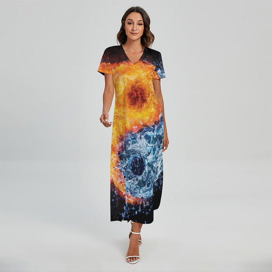 Fire And Water Yin Yang Print Short Sleeve Maxi Dress