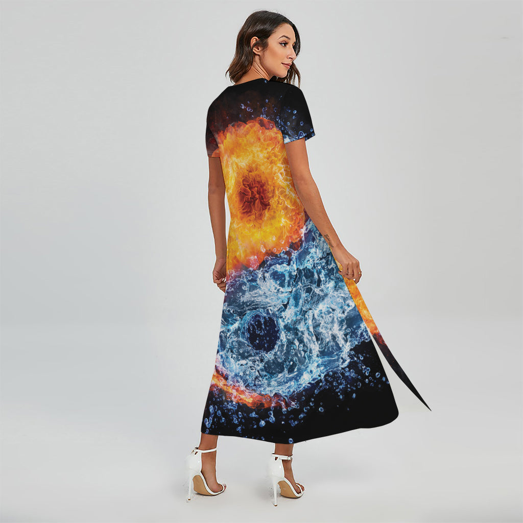 Fire And Water Yin Yang Print Short Sleeve Maxi Dress