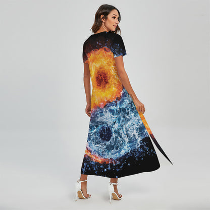 Fire And Water Yin Yang Print Short Sleeve Maxi Dress