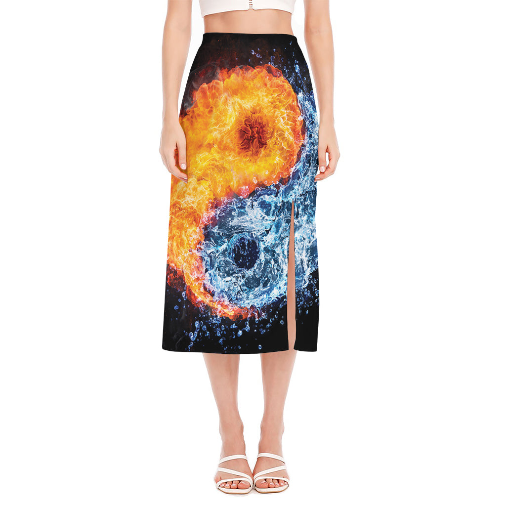 Fire And Water Yin Yang Print Side Slit Midi Skirt