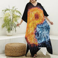 Fire And Water Yin Yang Print Silk V-Neck Kaftan Dress