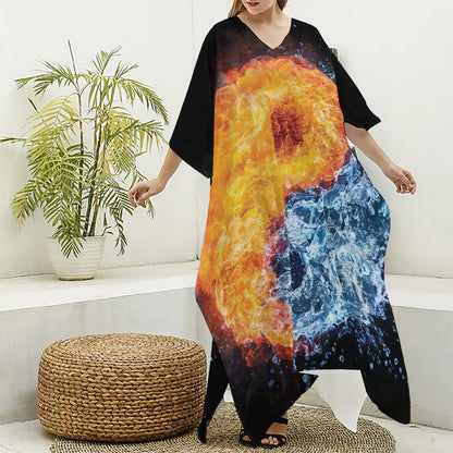 Fire And Water Yin Yang Print Silk V-Neck Kaftan Dress