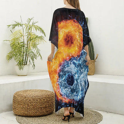 Fire And Water Yin Yang Print Silk V-Neck Kaftan Dress