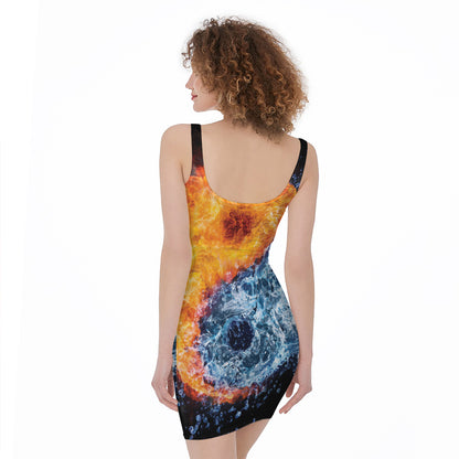 Fire And Water Yin Yang Print Sleeveless Bodycon Dress
