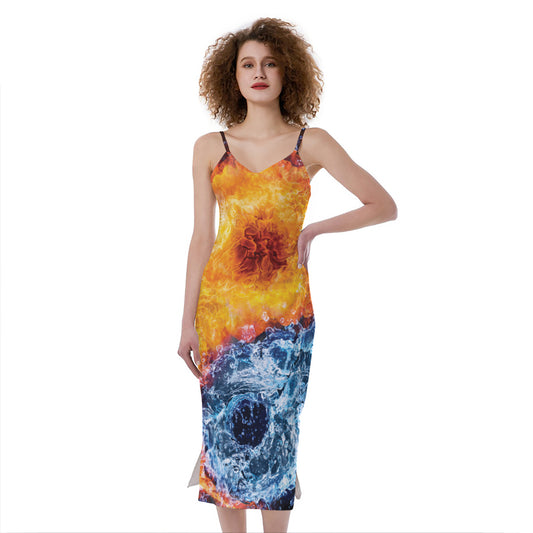 Fire And Water Yin Yang Print Slim Fit Midi Cami Dress
