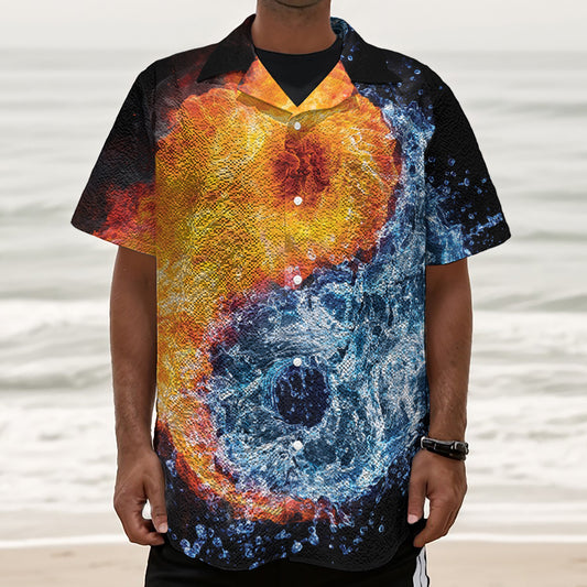 Fire And Water Yin Yang Print Textured Short Sleeve Shirt