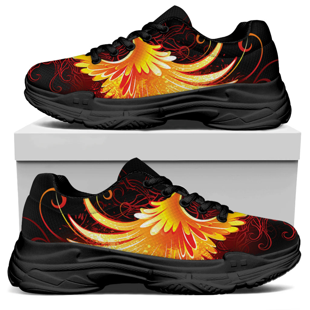 Fire Angel Wings Print Black Chunky Shoes
