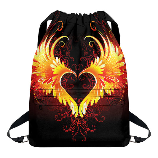 Fire Angel Wings Print Drawstring Backpack