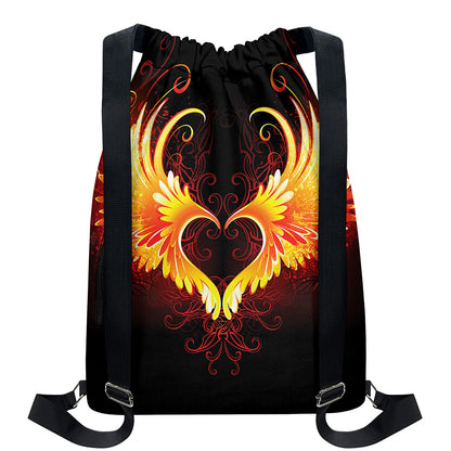 Fire Angel Wings Print Drawstring Backpack