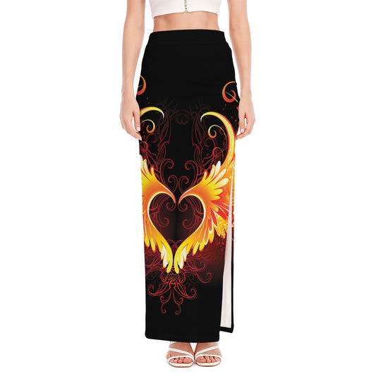 Fire Angel Wings Print High Slit Maxi Skirt