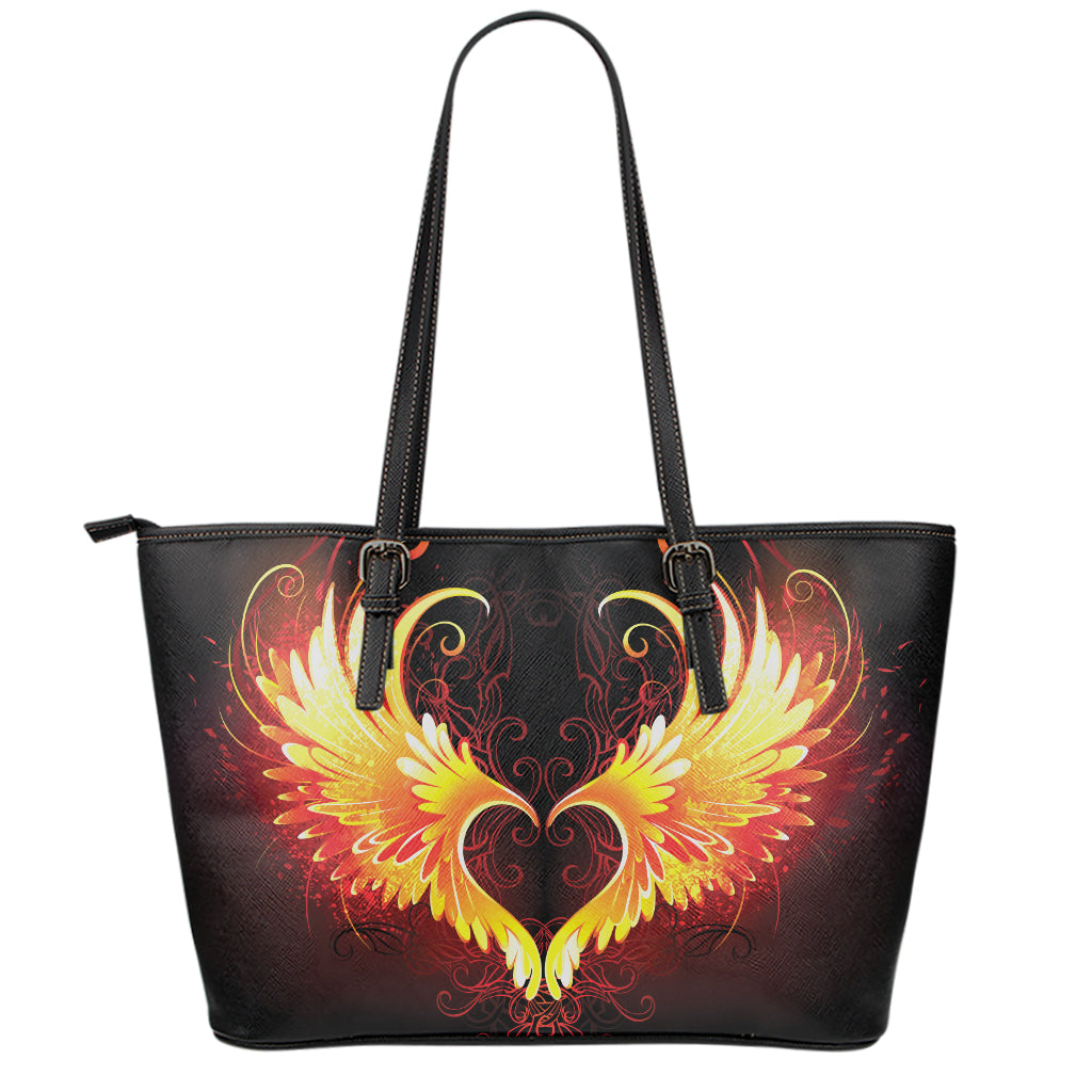 Fire Angel Wings Print Leather Tote Bag