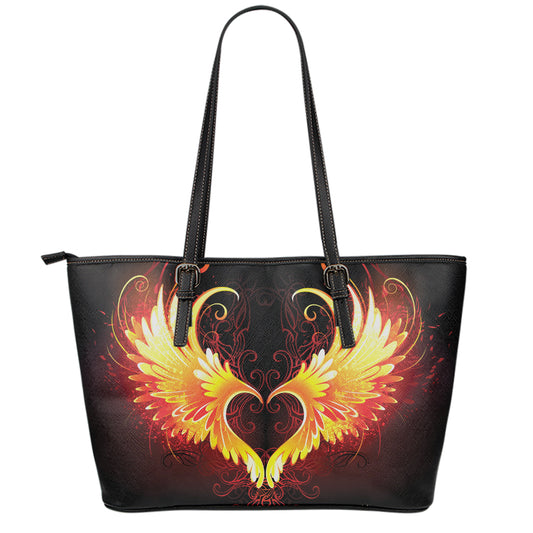 Fire Angel Wings Print Leather Tote Bag