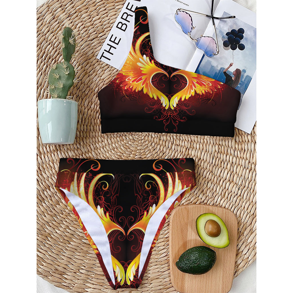 Fire Angel Wings Print One Shoulder Bikini Top