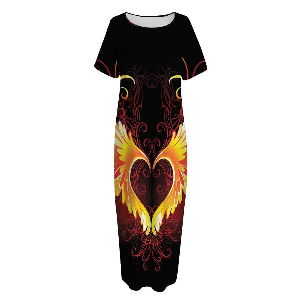 Fire Angel Wings Print Short Sleeve Long Nightdress