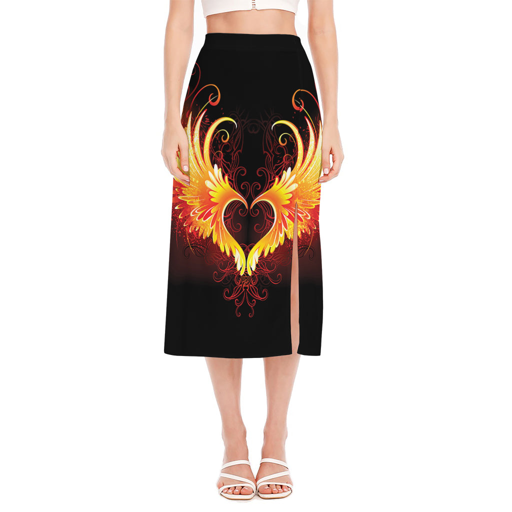 Fire Angel Wings Print Side Slit Midi Skirt