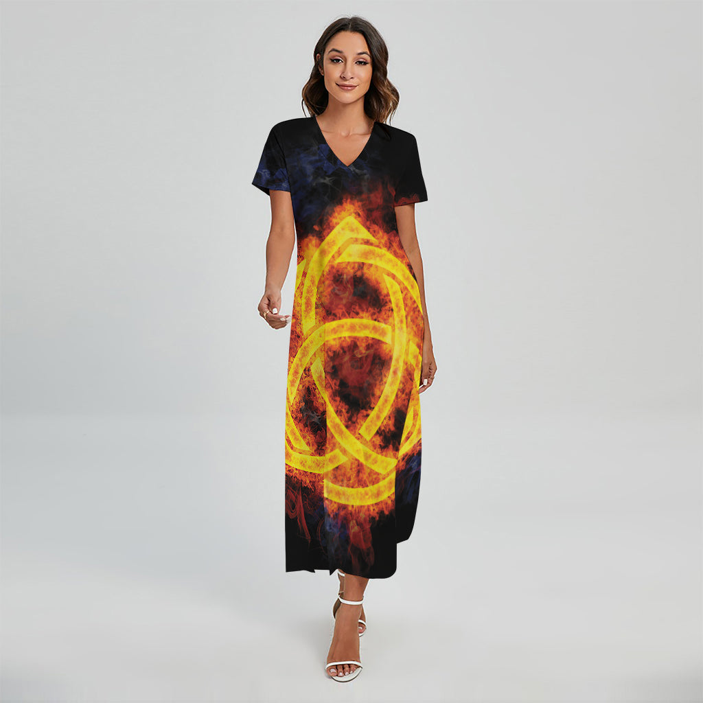 Fire Celtic Knot Print Short Sleeve Maxi Dress