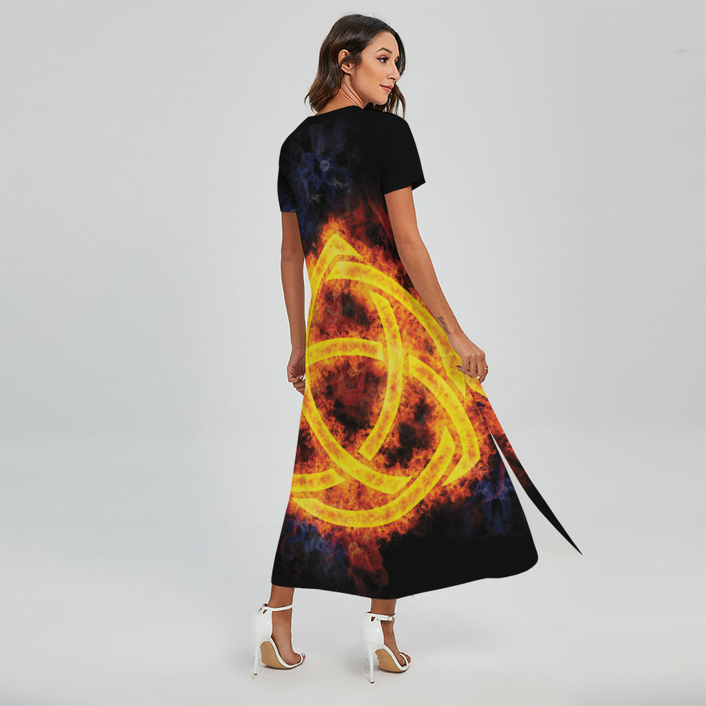 Fire Celtic Knot Print Short Sleeve Maxi Dress