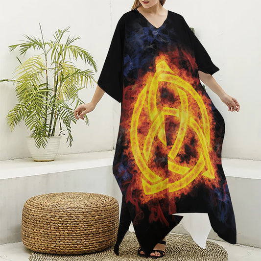 Fire Celtic Knot Print Silk V-Neck Kaftan Dress