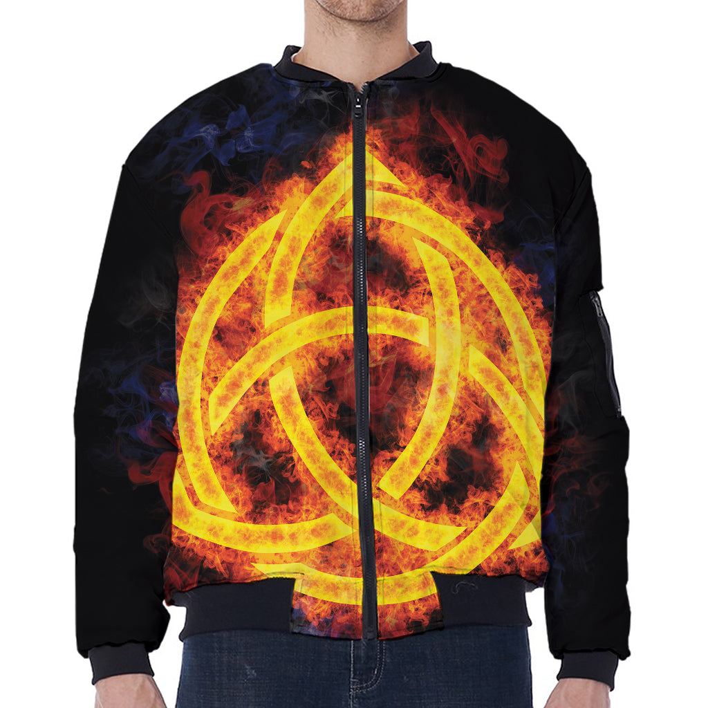 Fire Celtic Knot Print Zip Sleeve Bomber Jacket