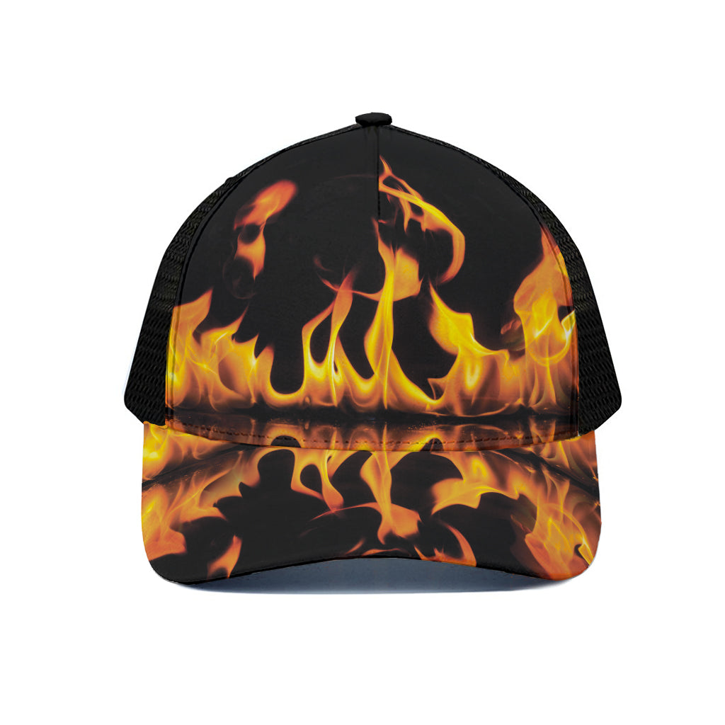 Fire Flame Burning Print Black Mesh Trucker Cap