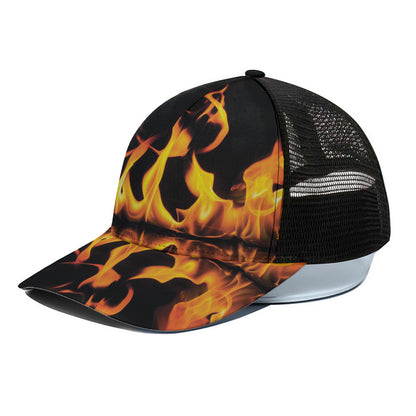 Fire Flame Burning Print Black Mesh Trucker Cap
