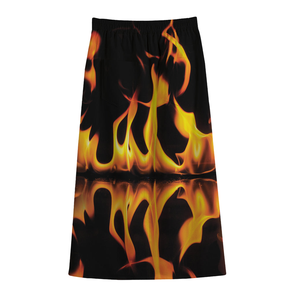 Fire Flame Burning Print Cotton Front Slit Maxi Skirt