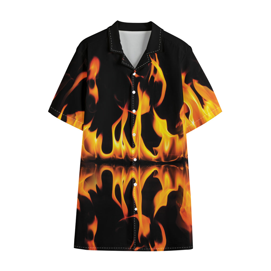 Fire Flame Burning Print Cotton Hawaiian Shirt