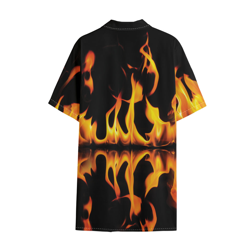 Fire Flame Burning Print Cotton Hawaiian Shirt