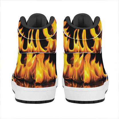 Fire Flame Burning Print High Top Leather Sneakers