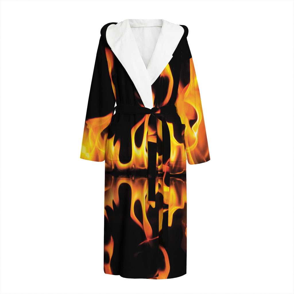 Fire Flame Burning Print Hooded Bathrobe