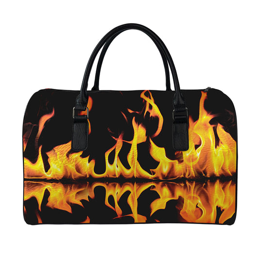 Fire Flame Burning Print Leather Duffle Bag