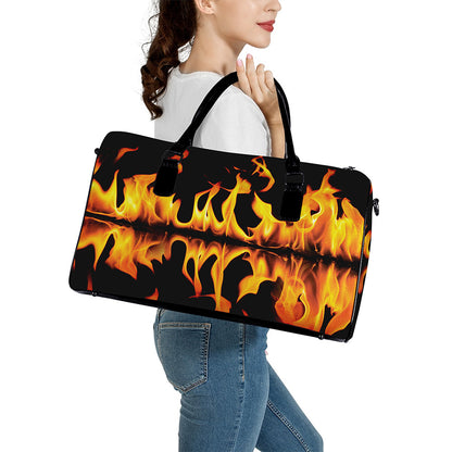Fire Flame Burning Print Leather Duffle Bag
