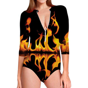 Fire Flame Burning Print Long Sleeve Swimsuit