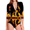 Fire Flame Burning Print Long Sleeve Swimsuit