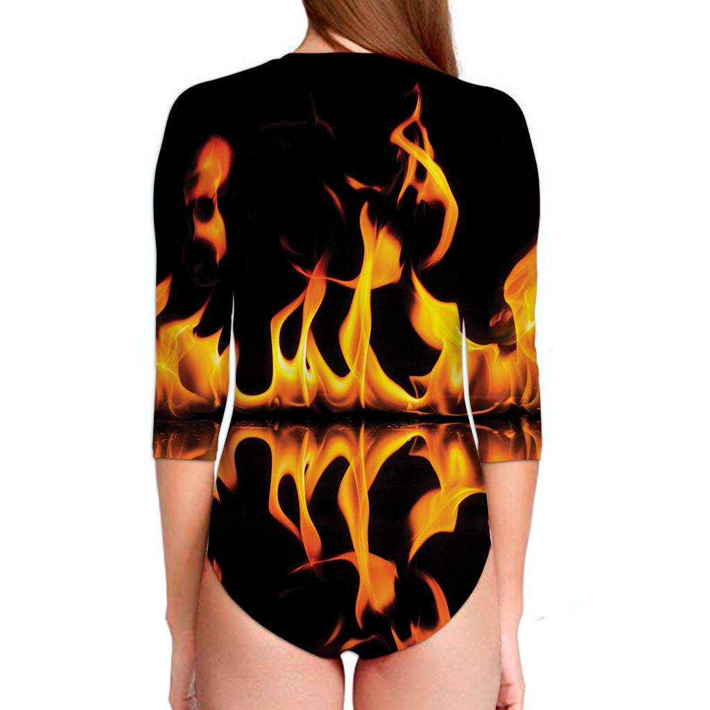 Fire Flame Burning Print Long Sleeve Swimsuit