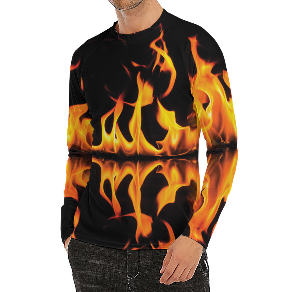 Fire Flame Burning Print Men's Long Sleeve Rash Guard