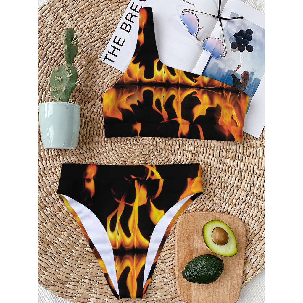 Fire Flame Burning Print One Shoulder Bikini Top