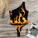 Fire Flame Burning Print One Shoulder Bodysuit