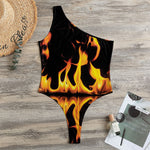 Fire Flame Burning Print One Shoulder Bodysuit