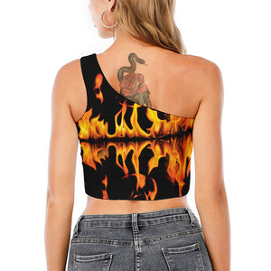 Fire Flame Burning Print One Shoulder Crop Top