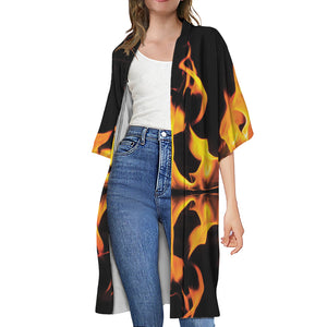 Fire Flame Burning Print Open Front Beach Cover Up